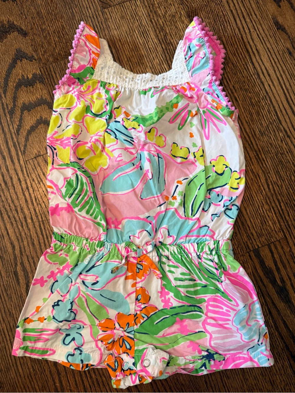 Lilly Pulitzer Girls Tropical Print Romper - Pink, Green, Aqua